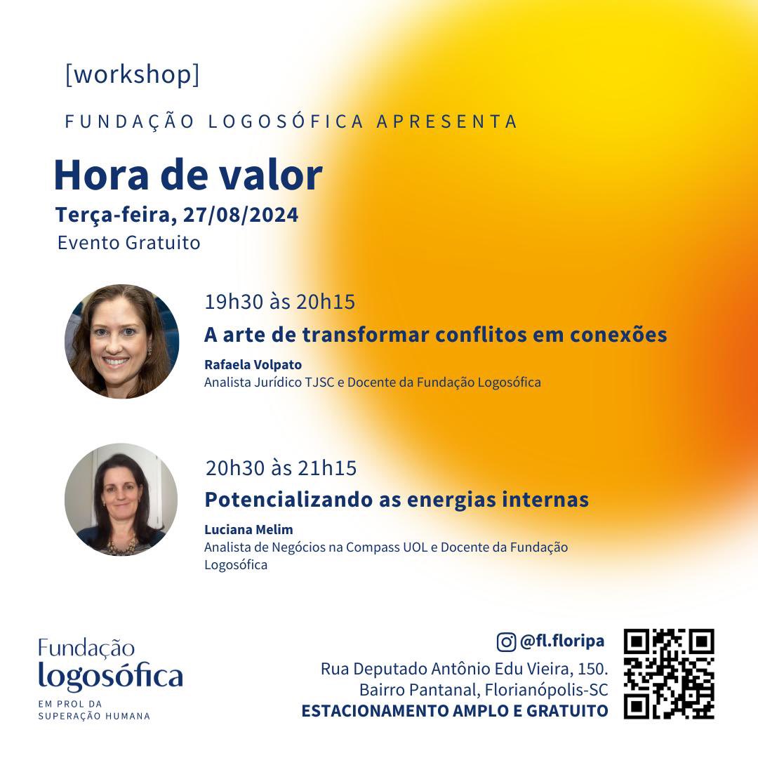 fl_floripa's tweet photo. 🎯 Você é nosso convidado para um workshop de Logosofia em Florianópolis na terça-feira, 27 de agosto, às 19h30!

📍 Rua Dep. Antônio Edu Vieira, 150, bairro Pantanal. Florianópolis/SC.

#logosofia #workshop #palestra #floripa https://t.co/jrSyIYD6nb
