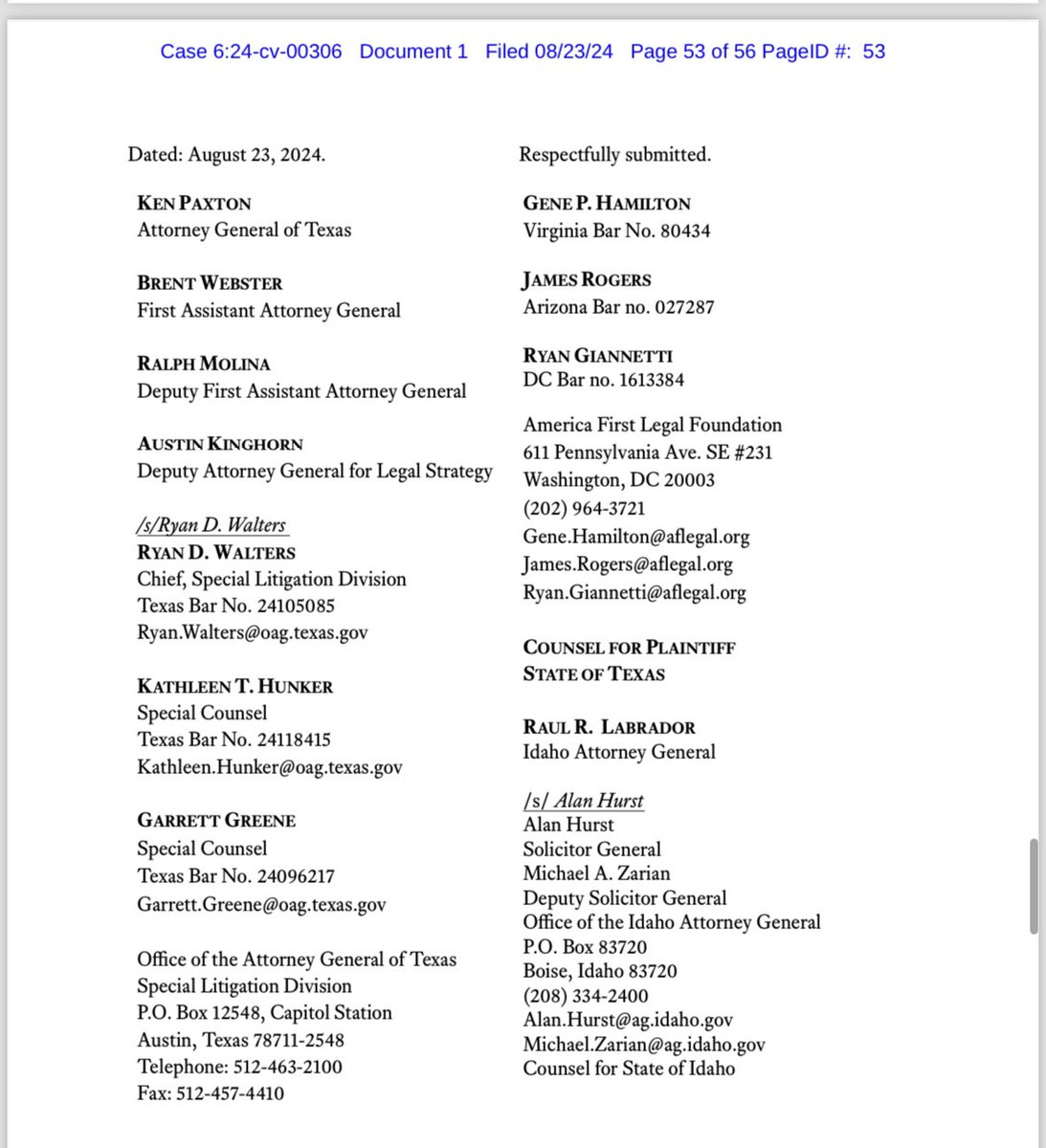 Okay, the complaint is now circling on listservs. I can confirm that it is against Keeping Families Together.

Once again, Texas teamed up with Stephen Miller’s organization America First Legal Foundation, which is giving Texas free legal services through a partnership.