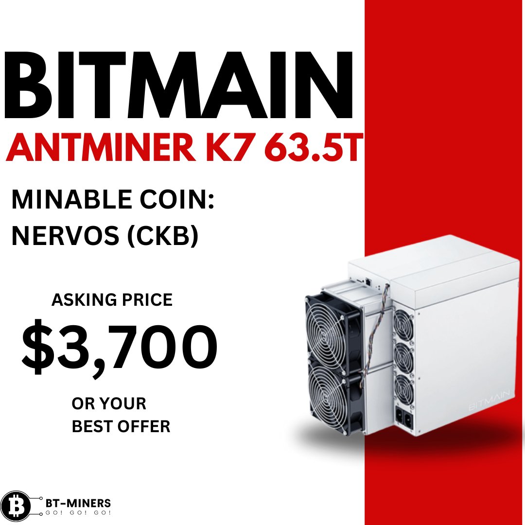 BtMiners's tweet photo. We have a used Antminer K7 63.5TH/s CKB miner for $3,700 or your best offer. For more information contact store@bt-miners.com. #btminers #cryptonews #crpytocommunity #crypto https://t.co/scc2E2afjs