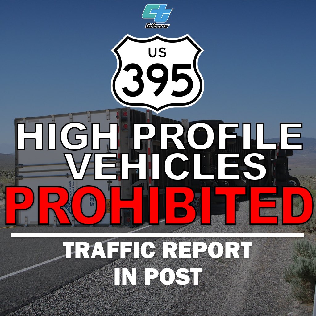 Caltrans9's tweet photo. Due to high winds on US-395 from Bishop to Topaz Lake, high-profile vehicles are temporarily prohibited. Please prioritize safety and plan your travel accordingly.
#highwinds #us395 https://t.co/zoTWfZhnhC
