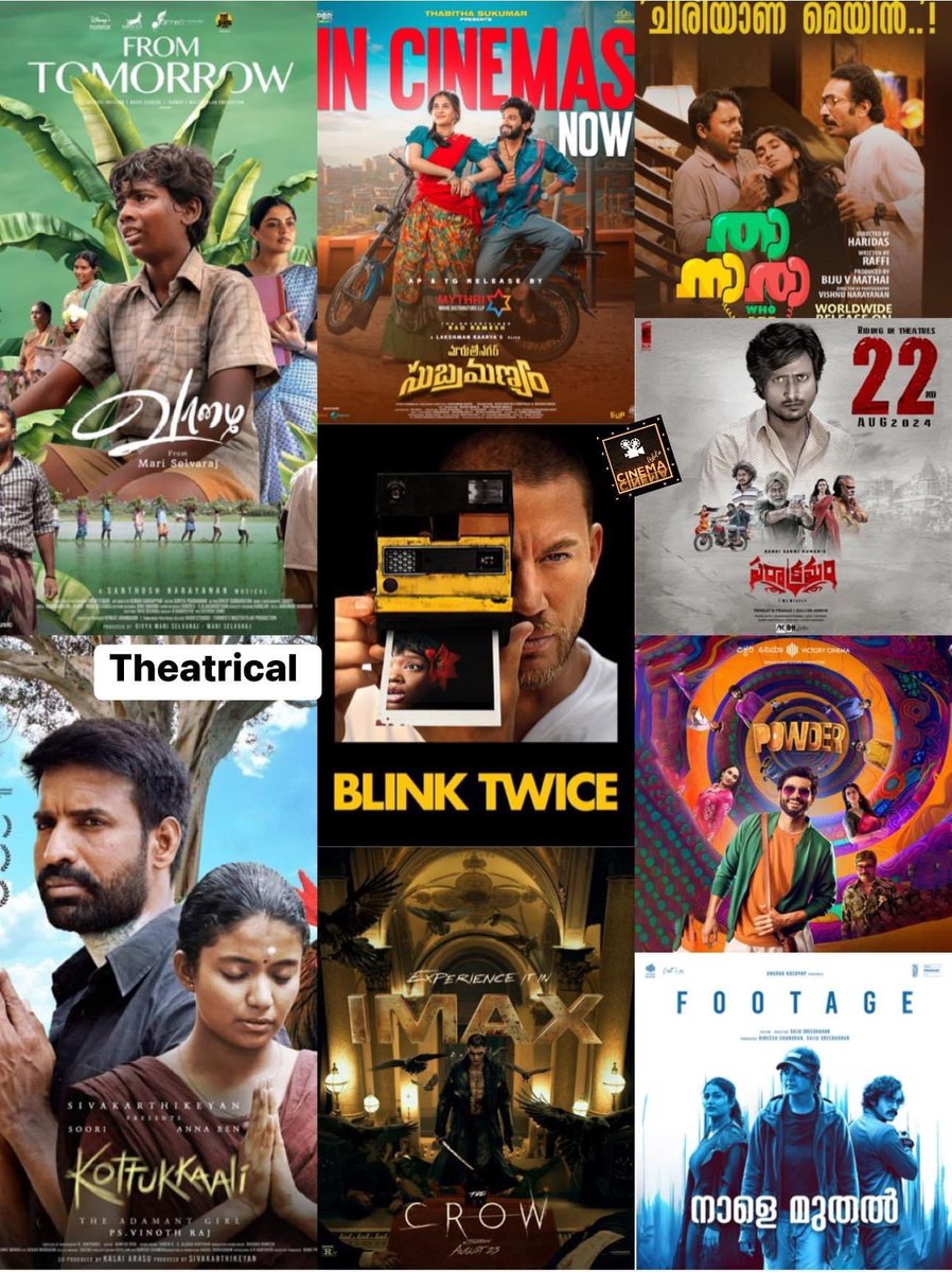 cineAddaUS's tweet photo. Aug 2024- Week 4 #WeekendKaAdda
Theatrical- #Vaazhai #Kottukaali #TheCrow #Footage #Powder #MaruthiNagarSubramanyam #Parakramam
OTT Movies- #Kalki2898ADOnPrime #Grrr #RAAYAN
Web/Docu Series- #AngryYoungMen #FollowKarLoYaar https://t.co/NZrNScfPH5