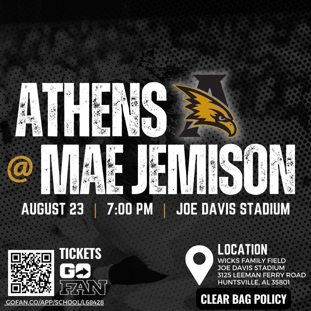 AHS_Alabama's tweet photo. FRIDAY NIGHT LIGHTS Our Athens Golden Eagles 🏈 will take on Mae Jemison at Joe Davis Stadium in Huntsville tonight at 7:00 PM. Tickets are available on the GoFan app or visit https://t.co/BJ0VgbQUQg. Please note the Clear Bag Policy. #goEagles #goBand #goCheer #oneAthens https://t.co/QlL97ADcwG