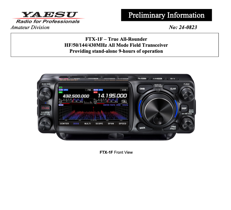 VE6LK's tweet photo. Here is the formal announcement of the FTX-1F for North America, Yaesu's newest QRP rig
9 hours of field operation with 5670mAh internal battery
10W output with external power
Simultaneous dual-band operation HF+VHF etc
Optional bolt-on tuner, fan available
WOW
LOTS TO SEE HERE! https://t.co/6ipZeO2ccs