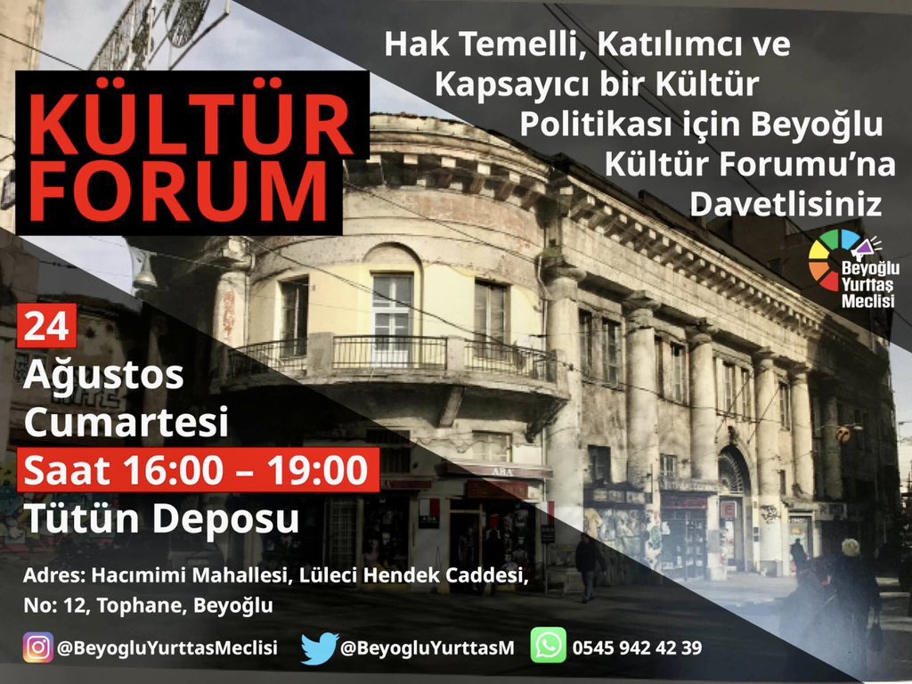 BeyogluKntSvnms's tweet photo. ༻*·HATIRLATMA·*༺

YARIN, @BeyogluYurttasM’nin çağrısıyla (24 Ağustos 2024, Cumartesi) saat 16.00-19.00 arasında Tütün Deposu’nda yapılacak, Beyoğlu’nda hak temelli, katılımcı, kapsayıcı kültür politikalarının geliştirilmesini tartışacak #BeyoğluKültürForumu’na biz de katılacağız. https://t.co/KJjQamtPEn