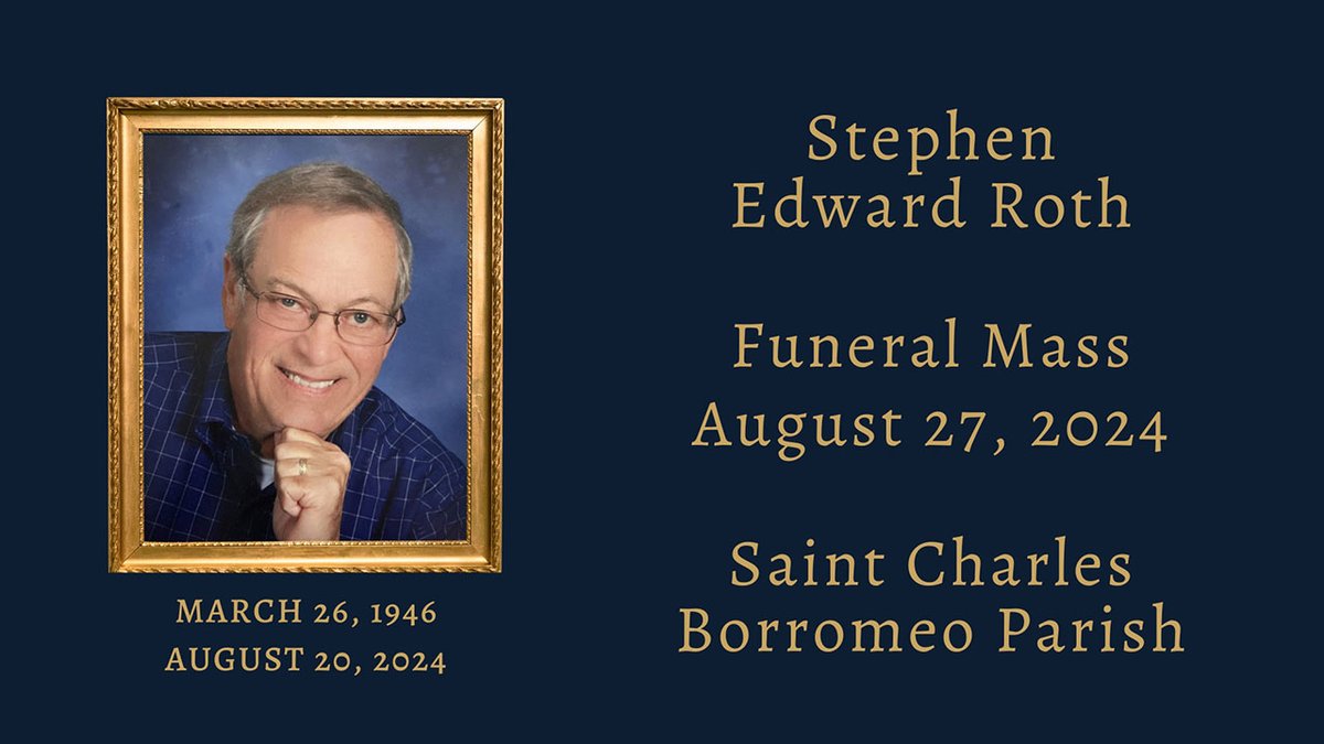 StCharlesKCMO's tweet photo. The Funeral Mass for Stephen Roth will be at St. Charles Borromeo Parish on Aug. 27 at 11 a.m. Visitation will occur on Aug. 26, 5-7 p.m. 

Funeral Mass will be live-streamed on the parish’s YouTube channel: https://t.co/wNrtFxPxaC. View the Obituary: https://t.co/yTcvIOnrxH. https://t.co/c4DE8r4RNz