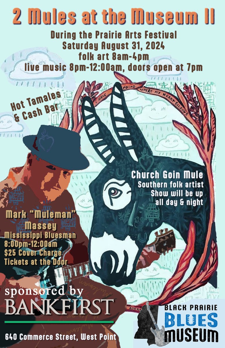 Prairie Arts Festival at Black Prairie Blues Museum ,
August 31 
blackprairiebluesmuseum.com/events/