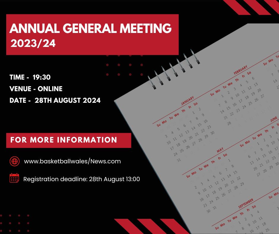 📢 Don’t miss the Basketball Wales Annual General Meeting 2023/24!

🗓️ Date: 28th August 2024
🕒 Time: 19:30
💻 Venue: Online
✍🏾Registration Deadline: 28th August, 13:00.

Register via the link on BIO and join us for important discussions about the future of Basketball Wales!