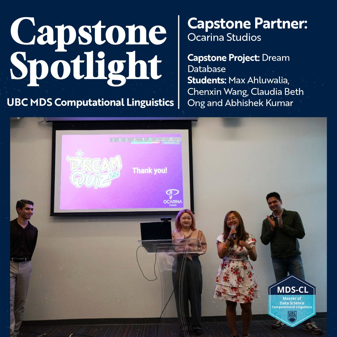 We’re thrilled to showcase our amazing Capstone Partner, @dreamquizzz (Ocarina Studios) and their project “Dream Database”. Get the details of the capstone project here: tinyurl.com/ycx9akxb
#UBCMDS #DataScience #CapstoneProjects