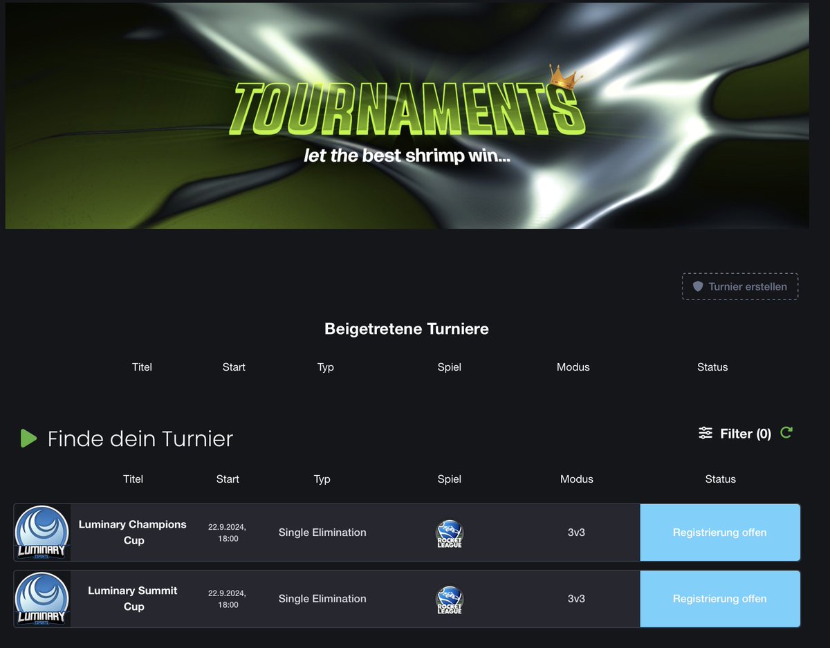 scrimps (@scrimpswtf) on Twitter photo Neues Modul für Turniere online!
Seit einigen Tagen ist die erste Version von unserem neuen Modul „Tournaments“ online!
In enger Zusammenarbeit mit <a href="/lmy_esports/">Luminary eSports</a> sind auch die ersten Wettbewerbe bereit und die Teams können sich jetzt registrieren! 
scrimps.de Neues Modul für Turniere online!
Seit einigen Tagen ist die erste Version von unserem neuen Modul „Tournaments“ online!
In enger Zusammenarbeit mit <a href="/lmy_esports/">Luminary eSports</a> sind auch die ersten Wettbewerbe bereit und die Teams können sich jetzt registrieren! 
scrimps.de