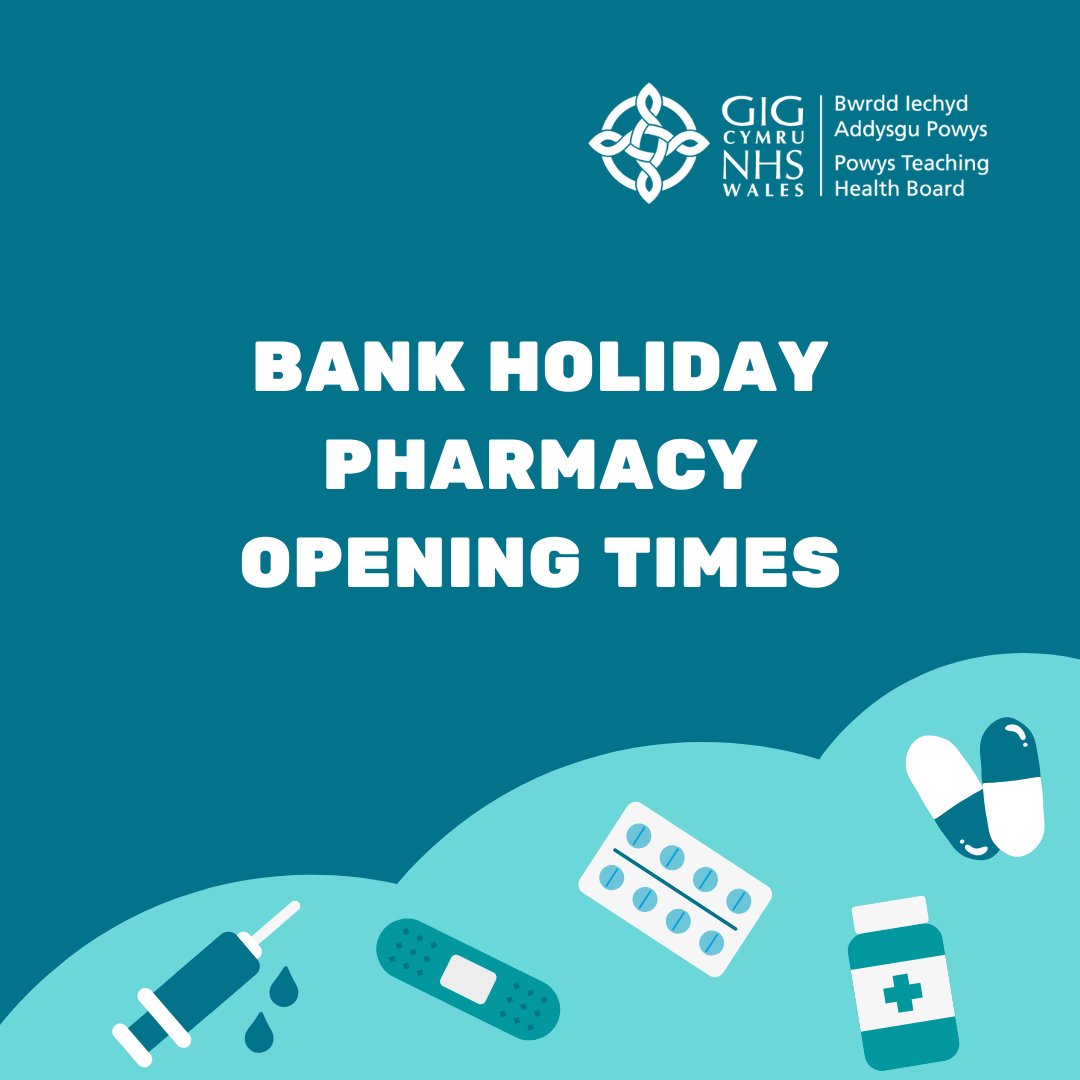 Your local pharmacy may be closed over the Bank Holiday. Make sure to check which pharmacies are open and which are not. You can find information on pharmacy opening hours here: pthb.nhs.wales/services/urgen…