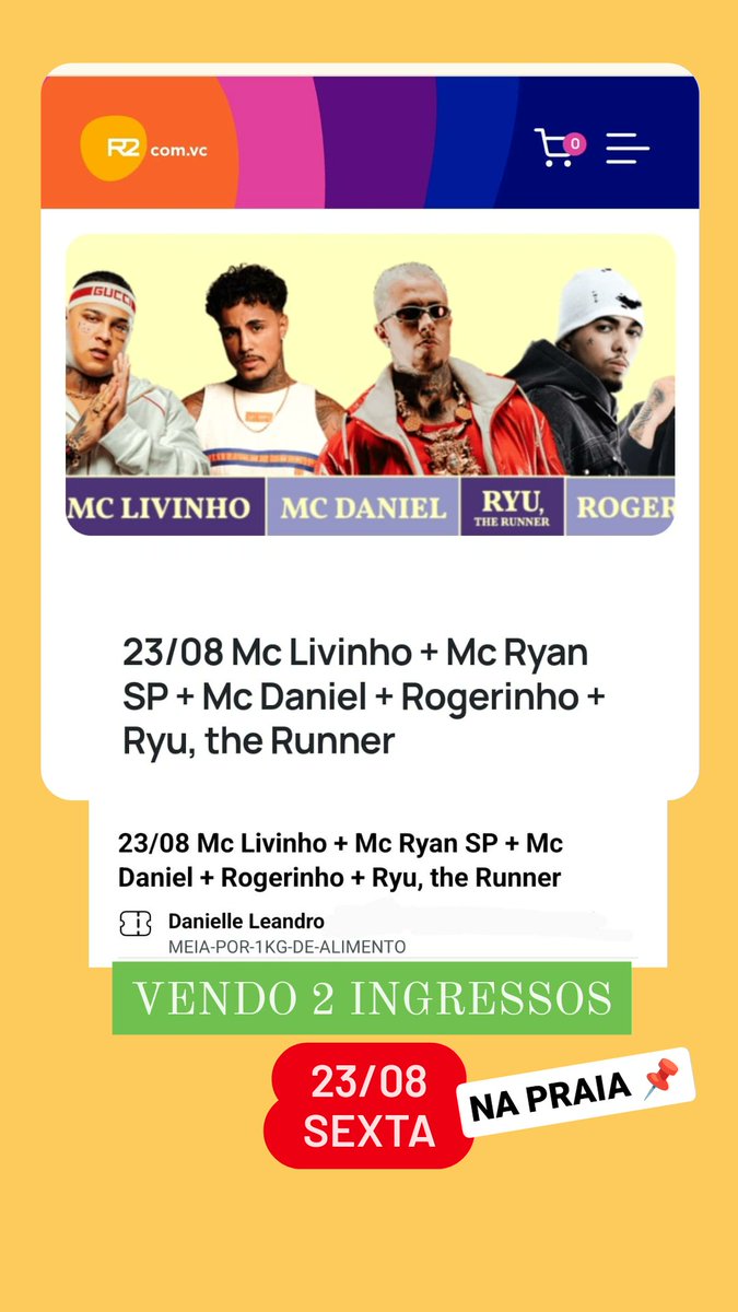 danimodeon's tweet image. VENDO 2 INGRESSOS PRO NA PRAIA HOJE 
23/08
MC LIVINHO / MC DANIEL / MC RYAN /ROGERINHO / RYU