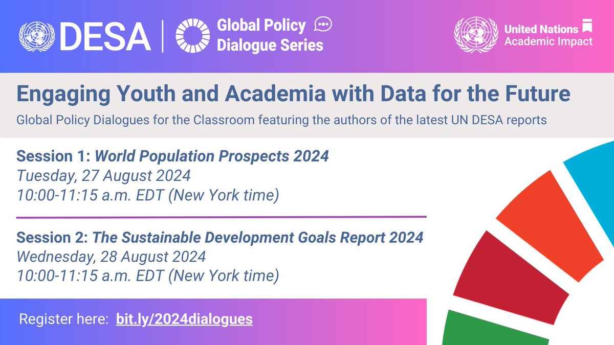 ¡Atención #Academia y #Juventudes!

<a href="/UNDESA/">UN DESA</a> e <a href="/ImpactUN/">United Nations Academic Impact</a> invitan a 2 diálogos estratégicos para atraer y comprometer a #jóvenes y académicos con los #datos y su valor prospectivo para el #futuro: #CumbreDelFuturo

Regístrate para participar 27 y 28/08: bit.ly/2024dialogues