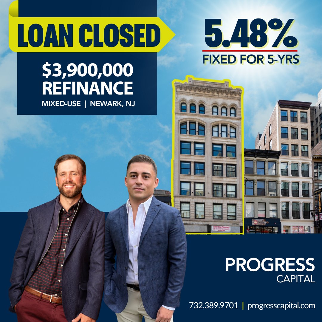 ProgressNJ's tweet photo. 📢💰Securing the weekend with success! Brian Anderson and Eddie Miro arrange a $3.9M refinancing deal for a mixed-use property in Newark, NJ, with a 5-YEAR FIXED RATE OF 5.48%. 🔥🔥

Need CRE financing? Reach us at 732-389-9701 https://t.co/4PRGyD2o0f
