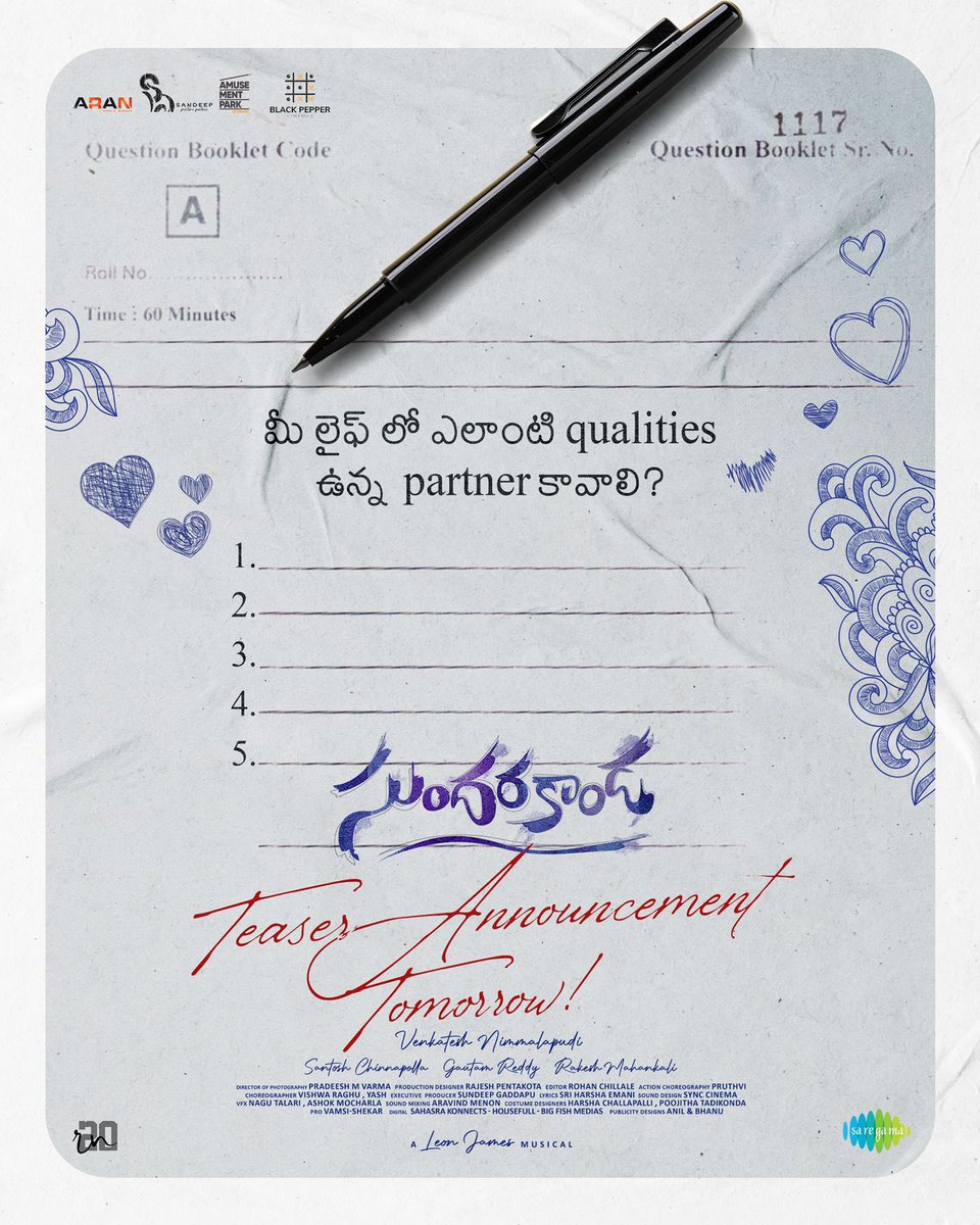 baraju_SuperHit's tweet photo. మీ లైఫ్ లో ఎలాంటి qualities ఉన్న partner కావాలి? ⁉️

#Sundarakanda teaser announcement Tomorrow at 10:08 AM! ❤️

Stay tuned!! ✨

@iamrohithnara @virtivaghani @V_Nimmalapudi @leon_james @sridevi_vijayku @rajeshartD #PradeeshMVarma @chillaleRohan @aranmediaworks @SPP_Offl @APEnt_ @meetblackpepper  @saregamasouth