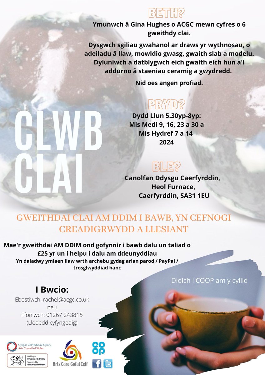 Free clay club in Carmarthen starting soon. Book your places now <a href="/artscare/">Arts Care Gofal Celf</a> #ceramics #CommunitySupport  #Wellbeing  <a href="/CarmsCouncil/">Cyngor Sir Gâr</a>  <a href="/Carmjournal/">Carmarthen Journal</a>  <a href="/FISSIRGAR/">Carmarthenshire FIS</a>  <a href="/FYICarmarthen/">FYI.Carmarthen</a> <a href="/Discovercarms/">Carmarthenshire</a> <a href="/WahwnC/">WAHWN Cymru</a> <a href="/Arts_Wales_/">Cyngor Celfyddydau Cymru | Arts Council of Wales</a>  Thank you COOP shoppers