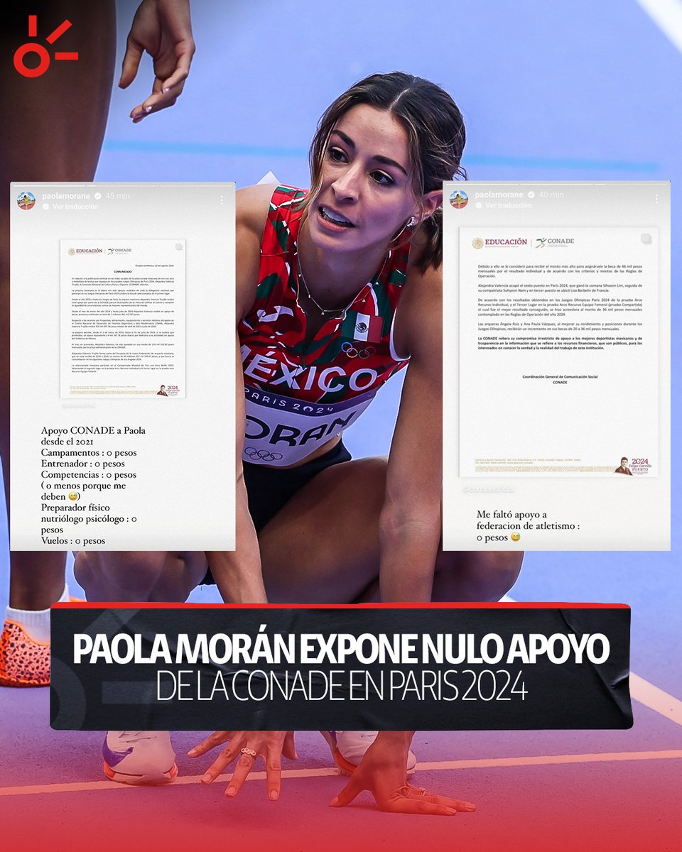 SIN APOYO PREVIO Y DURANTE #Paris2024 🏃‍♀️🇲🇽🗣️

Ante la situación de Ale Valencia con la CONADE, Paola Morán aprovechó para denunciar la falta de apoyo del organismo público y de la federación de atletismo, dejándola a la deriva sin campamentos, entrenador, entre otras necesidades