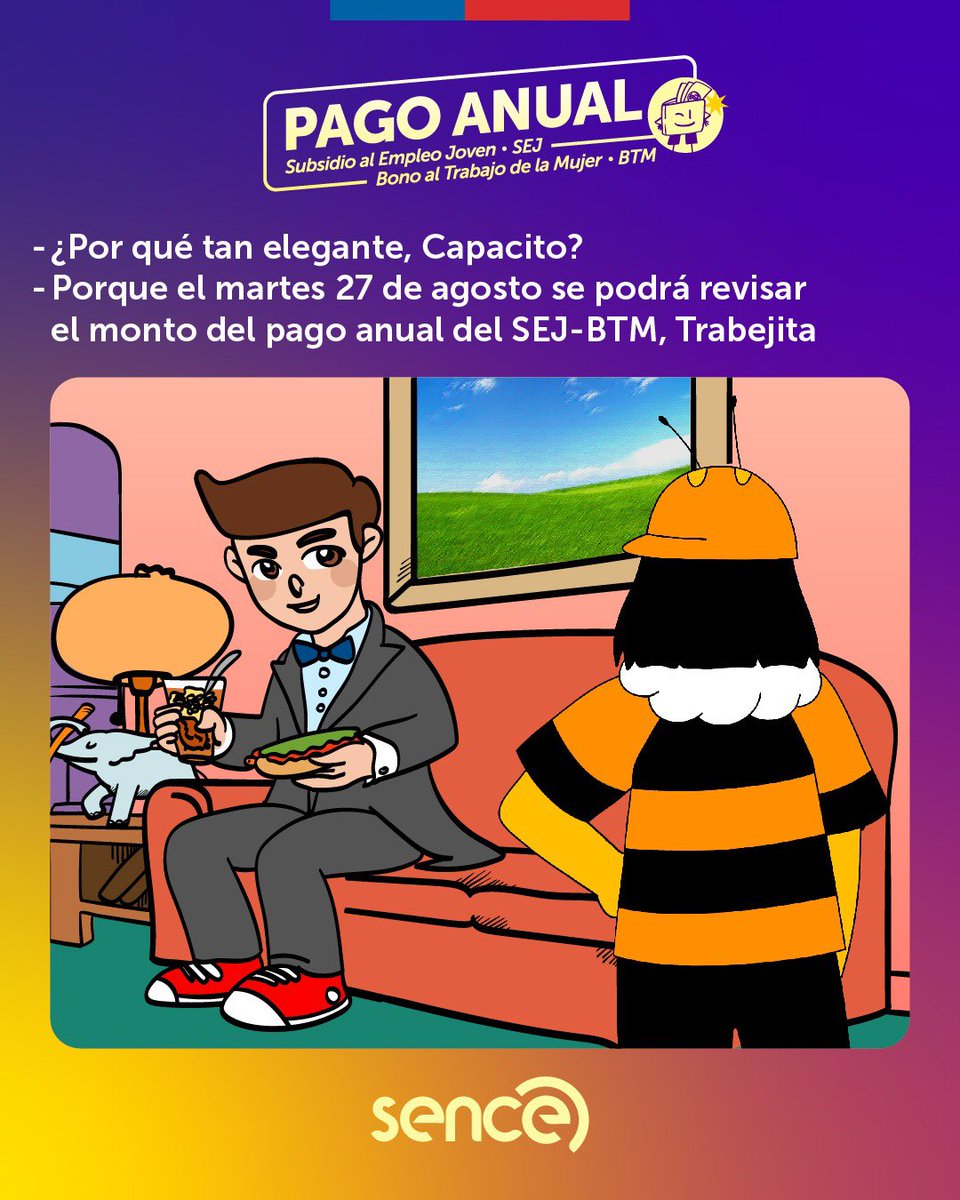 🔔 ¡Atención! El martes 27 de agosto a partir de las 12 del día podrás revisar el monto del pago anual del Subsidio al Empleo Joven (SEJ) y el Bono al Trabajo de la Mujer (BTM) en Sence.cl 🎉 ¡Capacito ya está listo junto a <a href="/trabejita/">Trabejita 🐝</a>! ¿Y tú? 👔✨ #Sence #SEJ #BTM