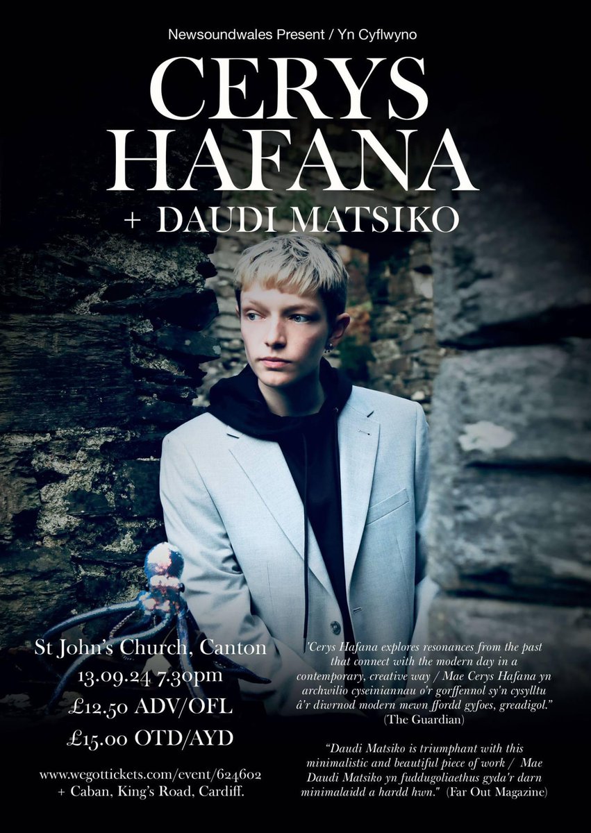 Three weeks to go until Cerys Hafana &amp; Daudi Matsiko play at St John’s Church, Canton, Cardiff 13th September. Tickets in person from Caban, King’s Rd, Cardiff and online at: wegottickets.com/event/624602 <a href="/CerysHafana/">Cerys Hafana</a> <a href="/hellodaudi/">Daudi Matsiko</a>