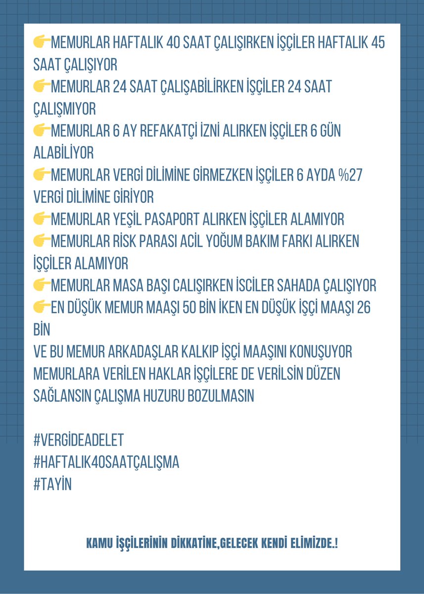 Emek Hakettiği yeri bulsun...
<a href="/diskinsesi/">DİSK</a> <a href="/turkiskonf/">TÜRK-İŞ</a>
<a href="/hakiskonf/">HAKİŞ KONFEDERASYONU</a>
#tayin
#Kamuişçileri 
#vergideAdalet
#zordayızgeçinemiyoruz