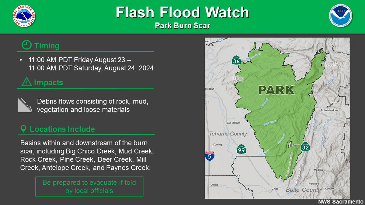 NWSSacramento's tweet image. A Flash Flood Watch remains in effect for the Park Fire Burn Scar from 11 AM today - 11 AM Saturday. Scattered showers/storms are expected which may cause debris flows consisting of rock, mud, vegetation, &amp;amp; loose material. Be prepared to evacuate if told by local officials! #CAwx