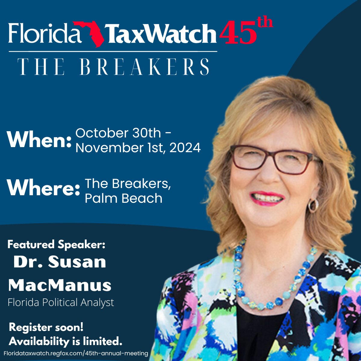 MEETING UPDATE!

Dr. Susan MacManus, a distinguished University Professor Emerita at the University of South Florida and Florida Political Analyst is the latest confirmed speaker for the 45th Annual Meeting! We're so excited to hear her insights on the 2024 Election.

📆October 3