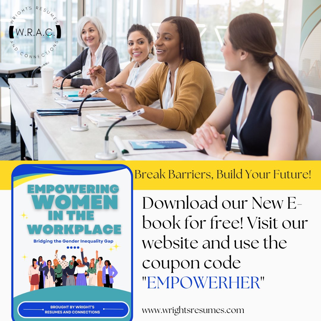 Wrights_Resumes's tweet image. Step into your power with our ebook, Empowering Women in the Workplace: Bridging the Gender Inequality Gap.

Download it for free! Visit our website and use the coupon code &quot;EMPOWERHER&quot; today. Let’s break those glass ceilings together! ✨

#EmpowerWomen #WRAC #ebookdownload