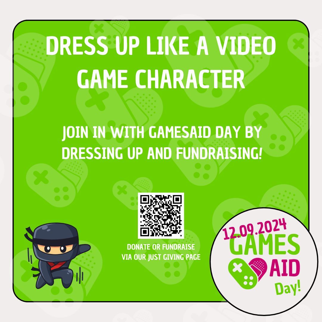 GamesAid Day Fundraiser: Dress Up Like a Video Game Character! 🎮✨

Join in Fundraising for GamesAid Day on the 12th of September by dressing up like a video game character - and don't forget to take pictures 📸 

Learn more about GamesAid Day at gamesaid.org/our-events/gam…"