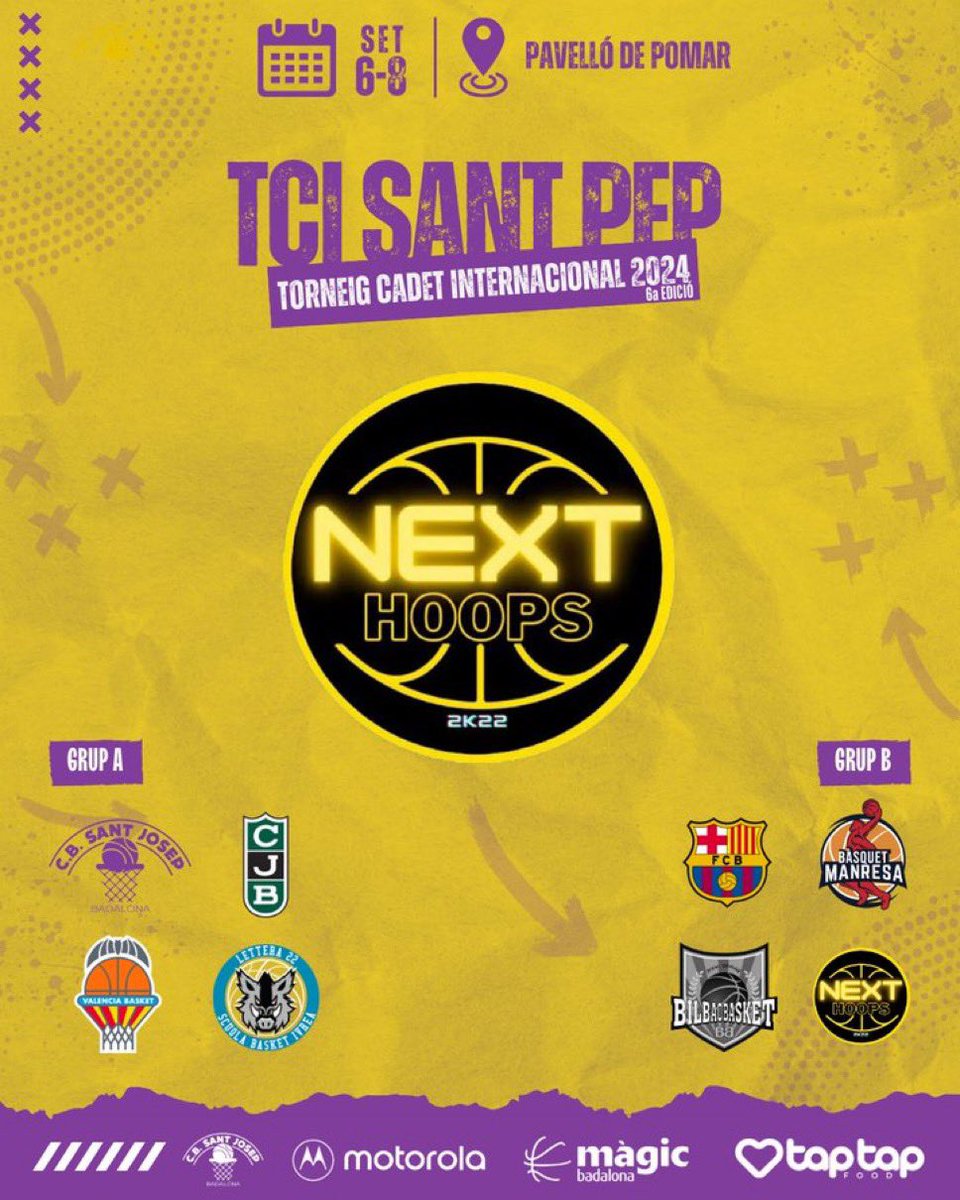 Torna el TCI <a href="/CBSantJosep/">C.B. Sant Josep</a>, torneig de màxim nivell formatiu (Cadet)

📆 Del 6-8 de setembre al Pavelló de Pomar.

🟡 El combinat europeu, Next Hoops, buscarà revalidar el títol de l’última edició.

🎟️ entrades: cbsantjosep.cat/producte/tci/ (10€ pels 3 dies)
