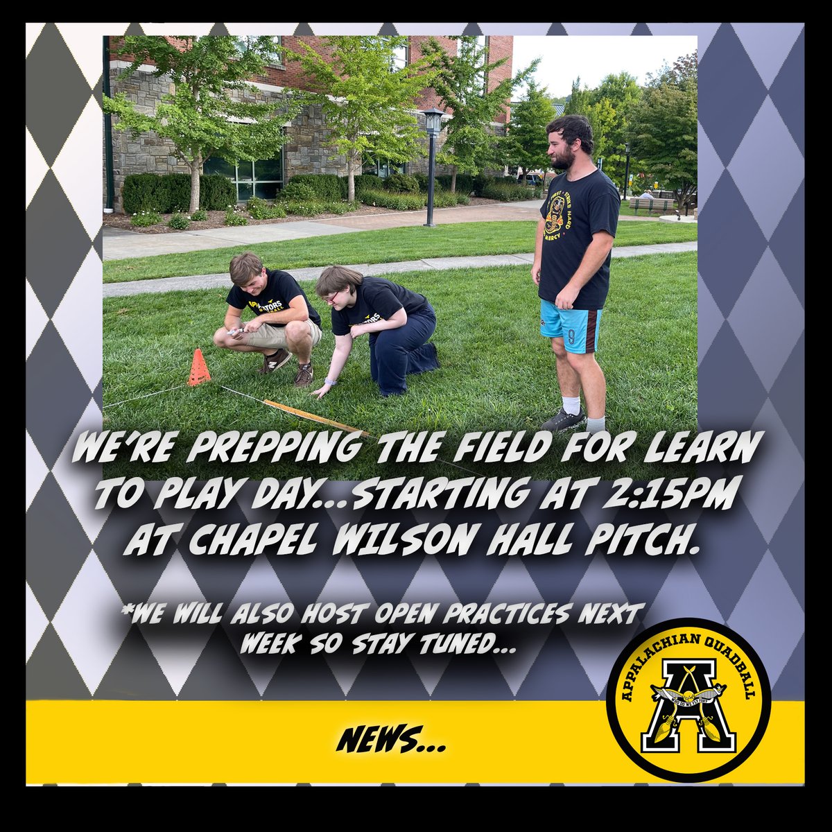 Learn to Play day starts at 2:15 PM at Chapel Wilson Hall.  We will also host open practices next week.  See you soon!!