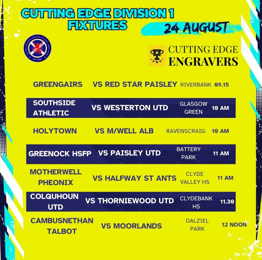 Back at it tomorrow in the <a href="/OfficialSMAFA/">SMAFA</a> <a href="/CutEdgeEngraver/">CuttingEdgeEngravers</a> Division 1 vs Thorniewood United.

11.30am KO at Clydebank High School 4G.

Mon the Houn! 🔴⚫️🔴