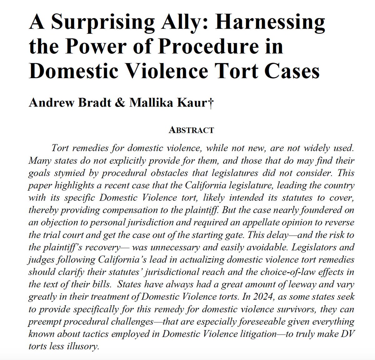 mallikakaur's tweet photo. "A Surprising Ally: Harnessing the Power of Procedure in Domestic Violence Tort Cases". Sharing recent article co-authored with @BerkeleyLaw Civ Pro expert @AndrewDBradt, following appellate win secured by creative attorneys for the tenacious Ms. Doe.
https://t.co/nQ2KKbdWJg https://t.co/3uKDziRdTq