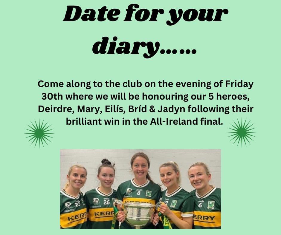 🚨 All-Ireland Celebration 🚨

Come along to the club Friday, August 30th at 7.30pm to celebrate our five All- Ireland winning heroes.

Promises to be great night with music, food and plenty of craic.

💚🤍💚💛

<a href="/radiokerrysport/">Radio Kerry Sport</a> <a href="/kerryladiesfoot/">KerryLGFA</a> <a href="/nagaeilladies/">Na Gaeil Ladies</a>