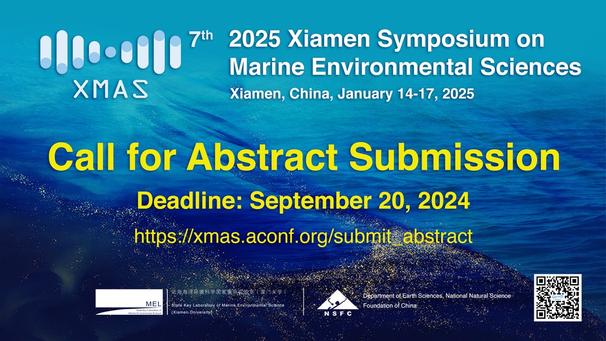 Abstract submission for the 2025 Xiamen Symposium on Marine Environmental Science is open until 20 Sept. The conference, Transformative Science and Technology for a Sustainable Ocean, will be held 14-17 Jan 2025 in Xiamen, China. Get all the details here: xmas.aconf.org/submit_abstract