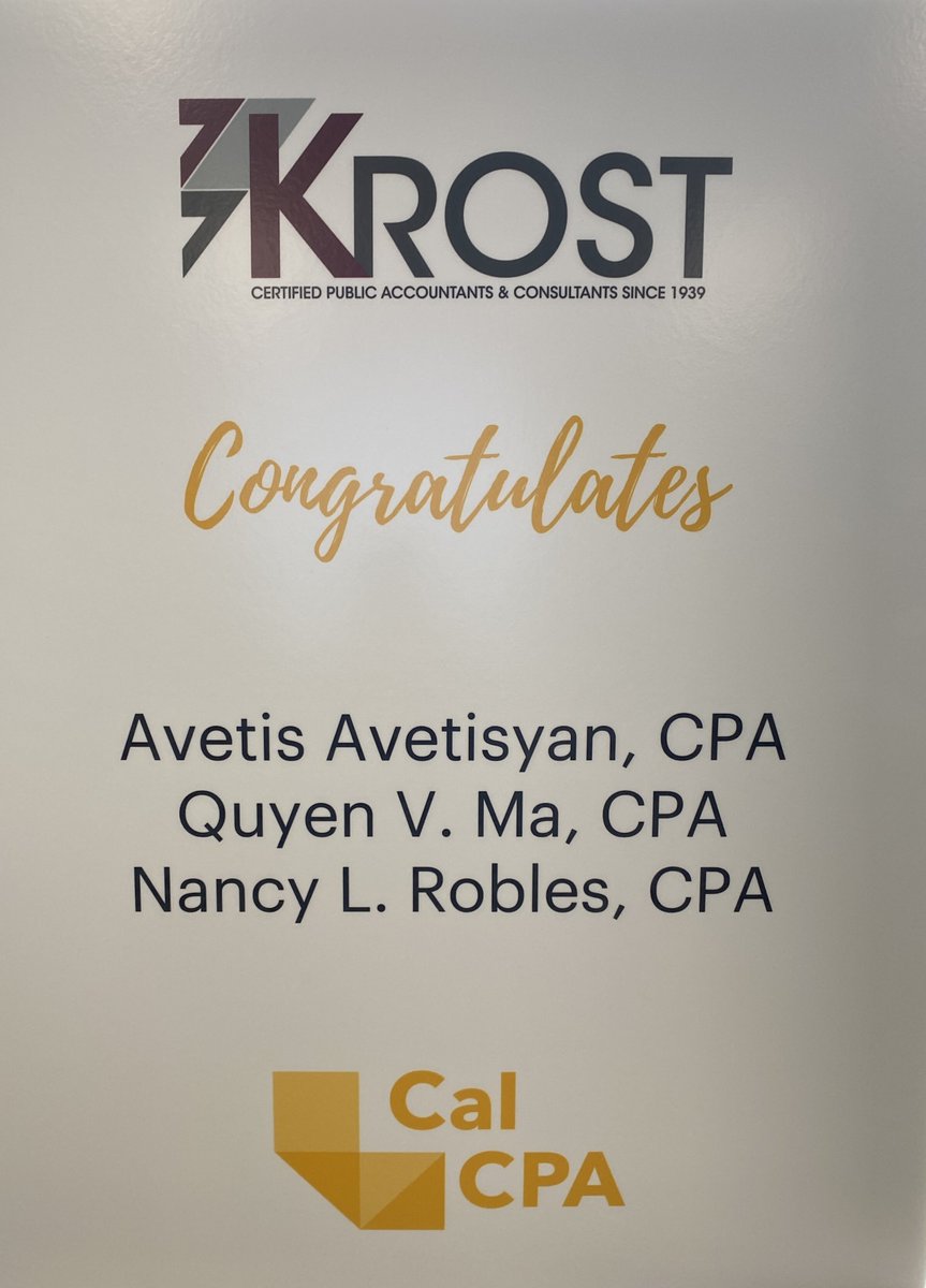 KROSTCPAs's tweet image. Our team attended CalCPA LA Chapter's Honorees Night, to celebrate newly licensed CPAs. We would like to congratulate Avetis Avetisyan, Quyen Ma, and Nancy Robles, on becoming CPAs! We are honored to have such a dedicated team. 
#CPA #CalCPA #LAChapter #KROST #Honoree #Celebrate