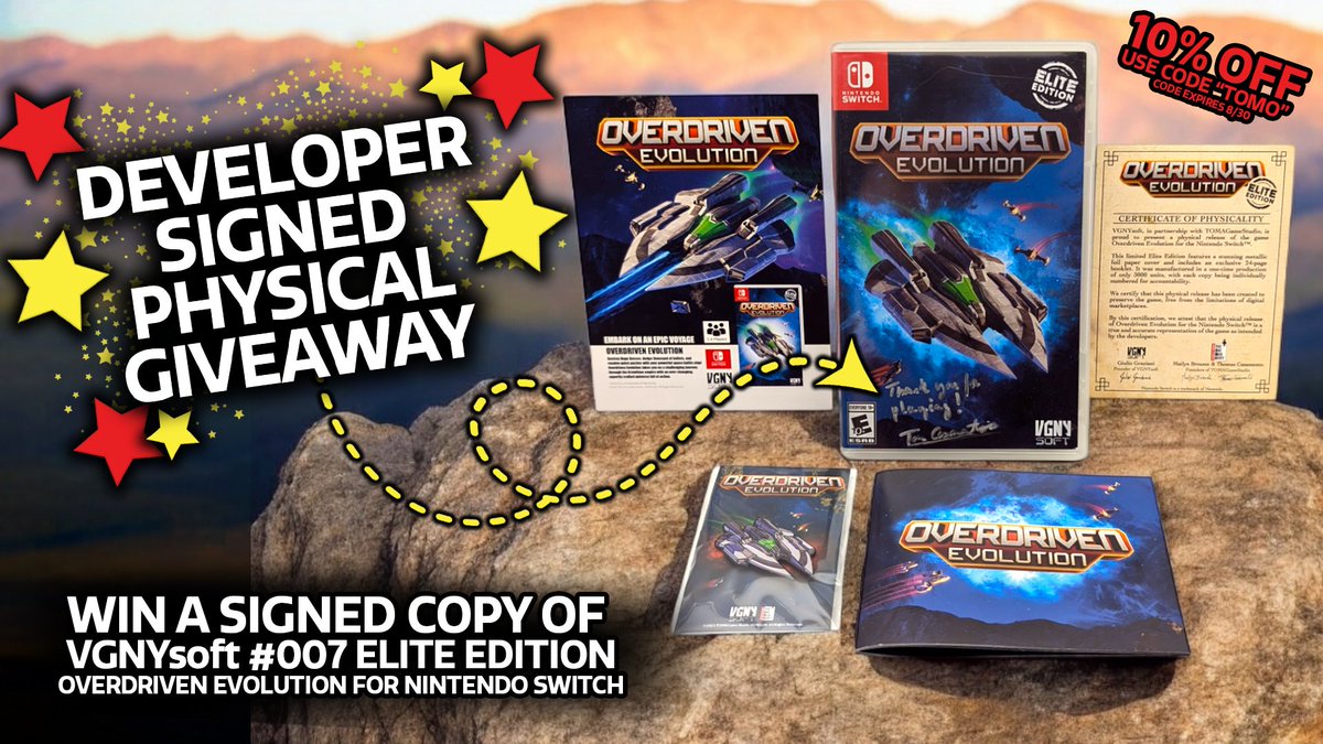 We’re celebrating #VGNYsoft Elite Edition #007 by giving away a developer-signed copy of Overdriven Evolution Elite Edition!

➡️Follow us <a href="/VGNYSoft/">VGNYsoft Games | Physical Games on Physical Media</a>
➡️Follow the developer <a href="/TOMAGameStudio/">The One Man Army Game Studio</a>
➡️Like and Retweet this tweet
➡️7 is often considered a LUCKY NUMBER, comment your lucky