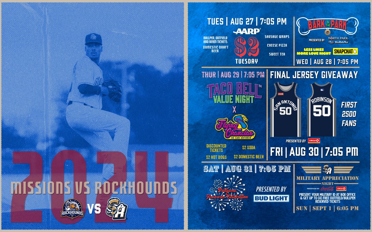 The Missions are back in action in the 2️⃣1️⃣0️⃣ starting Tuesday, August 27! ⚾️
💰Discount Nights
🐶Bark in the Park
🏀Final Jersey Giveaway
🎆Fireworks
Get your tickets now for a fun-packed homestand: atmilb.com/3SDRS8n