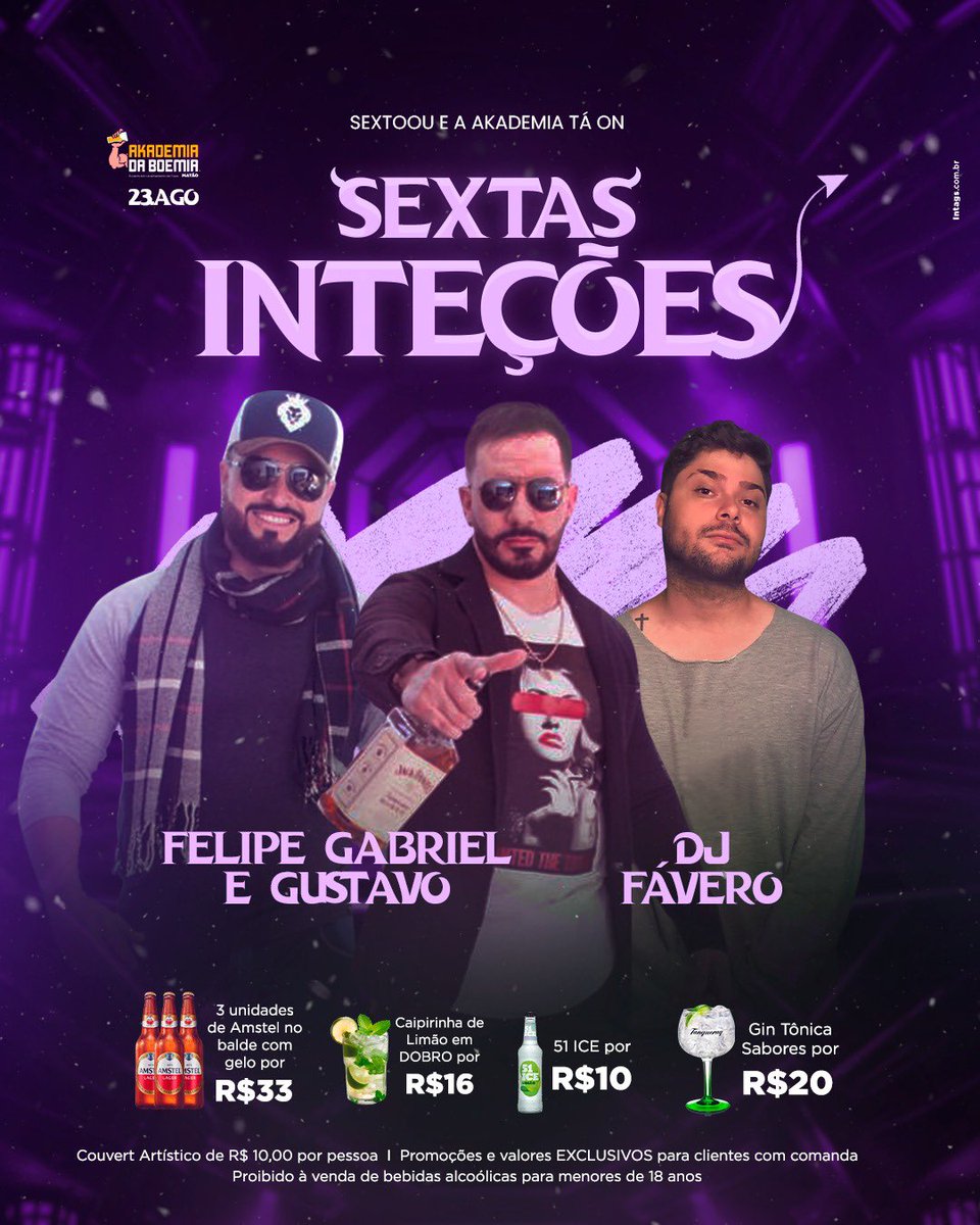 AkademiaBoemia's tweet photo. SEXTAS INTENÇÕES 😈
SEXTOOU E A AKADEMIA TÁ ON 🍺

Vai rolar muita musica boa e muitas promoções para curtir com a galera! 🍺

🎤 FELIPE GABRIEL E GUSTAVO

🎧 DJ FÁVERO

E aí, partiu Akademia? 💪🏻🍺 https://t.co/szwMt86cZj
