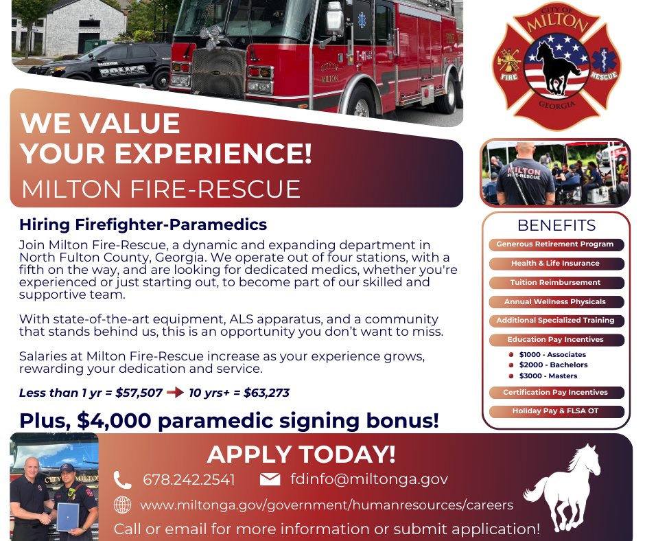 Looking for a new opportunity? Our house could be your house! Join the Milton Fire-Rescue team and make a difference in our community. Apply Today! miltonga.gov/Home/Component…
#MiltonGA #JoinOurTeam #FireRescue #Paramedics #NowHiring