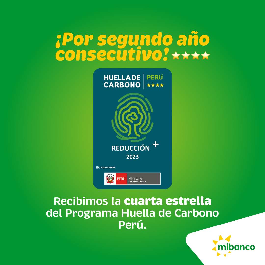¡<a href="/MibancoPE/">Mibanco</a> fue reconocido por 2do año consecutivo con la cuarta estrella en la plataforma Huella de Carbono Perú del <a href="/MinamPeru/">Ministerio del Ambiente 🇵🇪♻️</a>! Este logro destaca nuestro compromiso con la sostenibilidad ambiental y nuestro propósito de alcanzar la carbono neutralidad para el 2032.