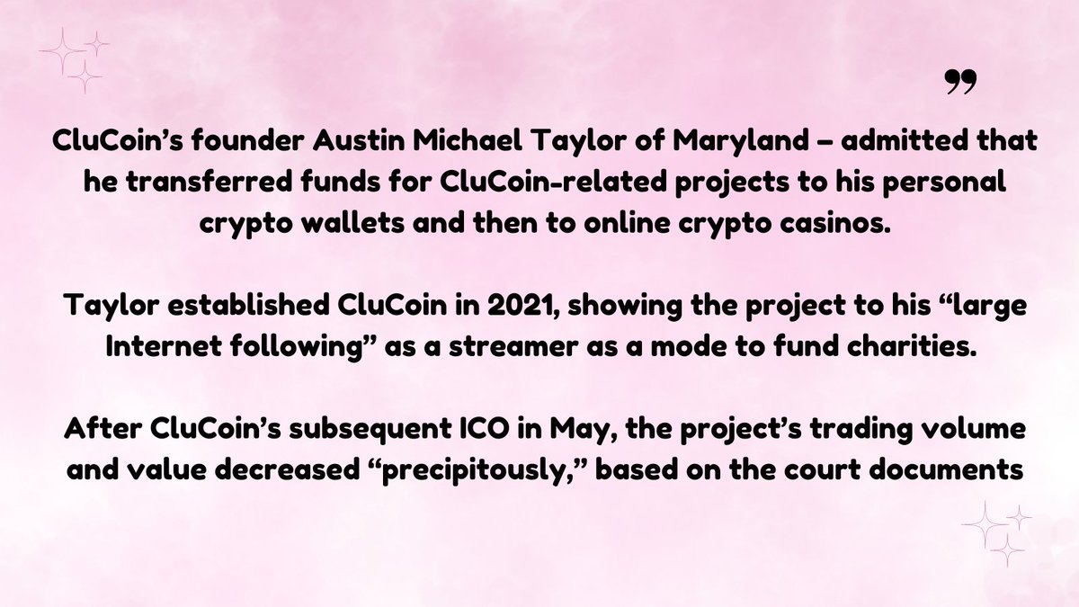 Breaking news: 

The founder of  crypto project CluCoin has pleaded guilty to pilfering over $1 million from investors and giving that money at online casinos.

Read more...🪙💰💵🔦💡
#clucoin #bitcoin #MichaelTaylor