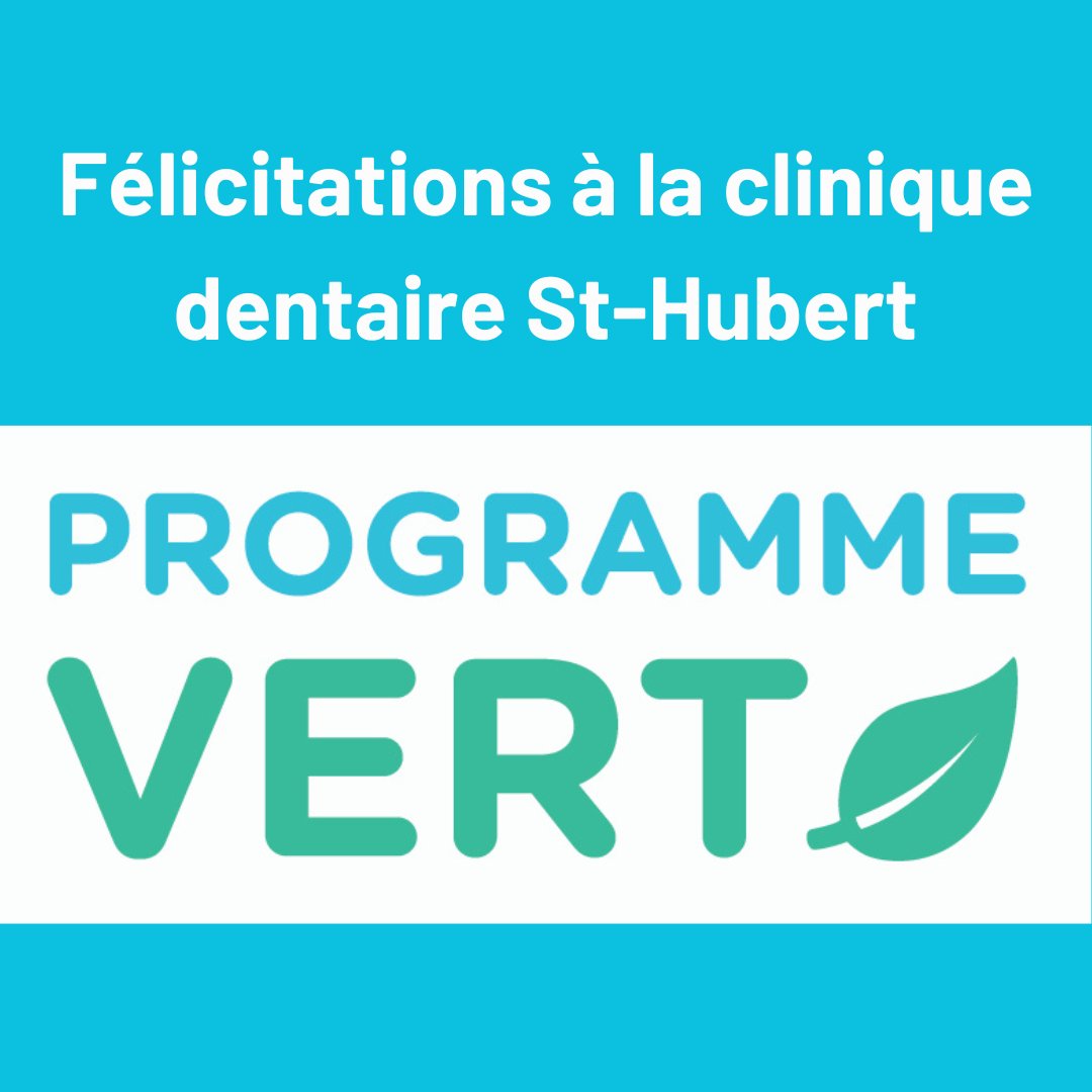 ACDQquebec's tweet photo. Félicitations à la clinique dentaire St-Hubert, à titre de premier établissement officiellement attesté ICI on recycle + au niveau Performance de @recycquebec, issue de notre première cohorte du projet pilote du 
du Programme VERT lancé ce printemps. #dentiste #icionrecycle https://t.co/m957g3UIyy