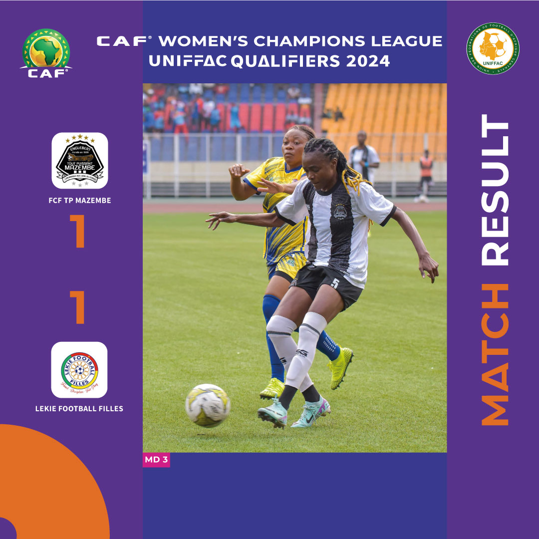 FecofaRdc's tweet photo. 𝗥𝗲́𝘀𝘂𝗹𝘁𝗮𝘁 𝗳𝗶𝗻𝗮𝗹 : 𝟭-𝟭
FCF TP Mazembe décroche la première place de la zone UNIFFAC et se qualifie pour la Ligue des Champions Féminine CAF 2024 ! 🎉🏆
#CAFWCL #CAFwomen #Kinshasa #TPMazembe #LekieFF #UNIFFAC https://t.co/RGBMPYNQex