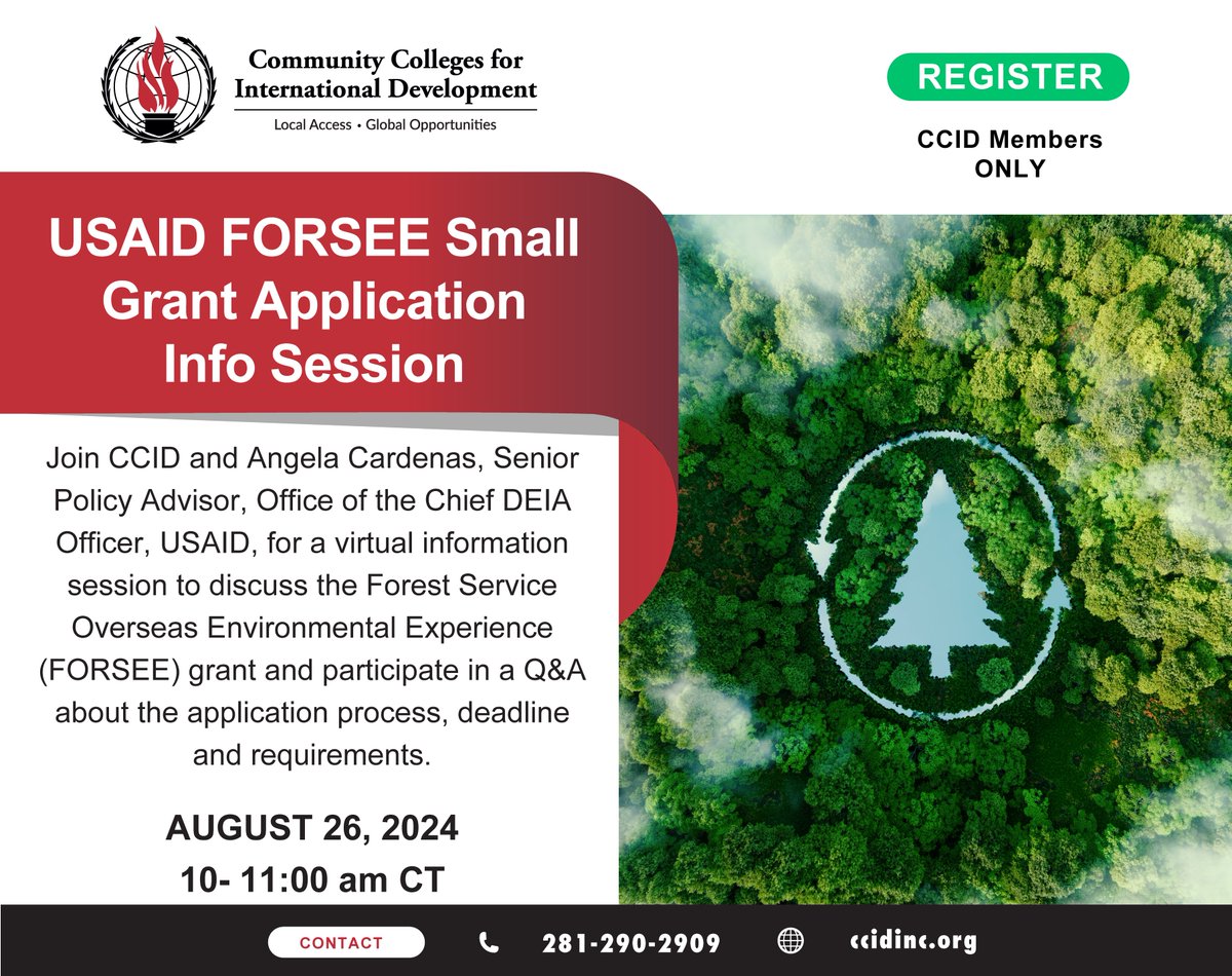 CCID Members, please join us on Monday, 8/26 at 10 am CT, to learn about a grant opportunity that is currently open and supported by USAID and the U.S. Forest Service.
Register with your institutional email address to receive access to the meeting: ccid.growthzoneapp.com/.../Register/E…