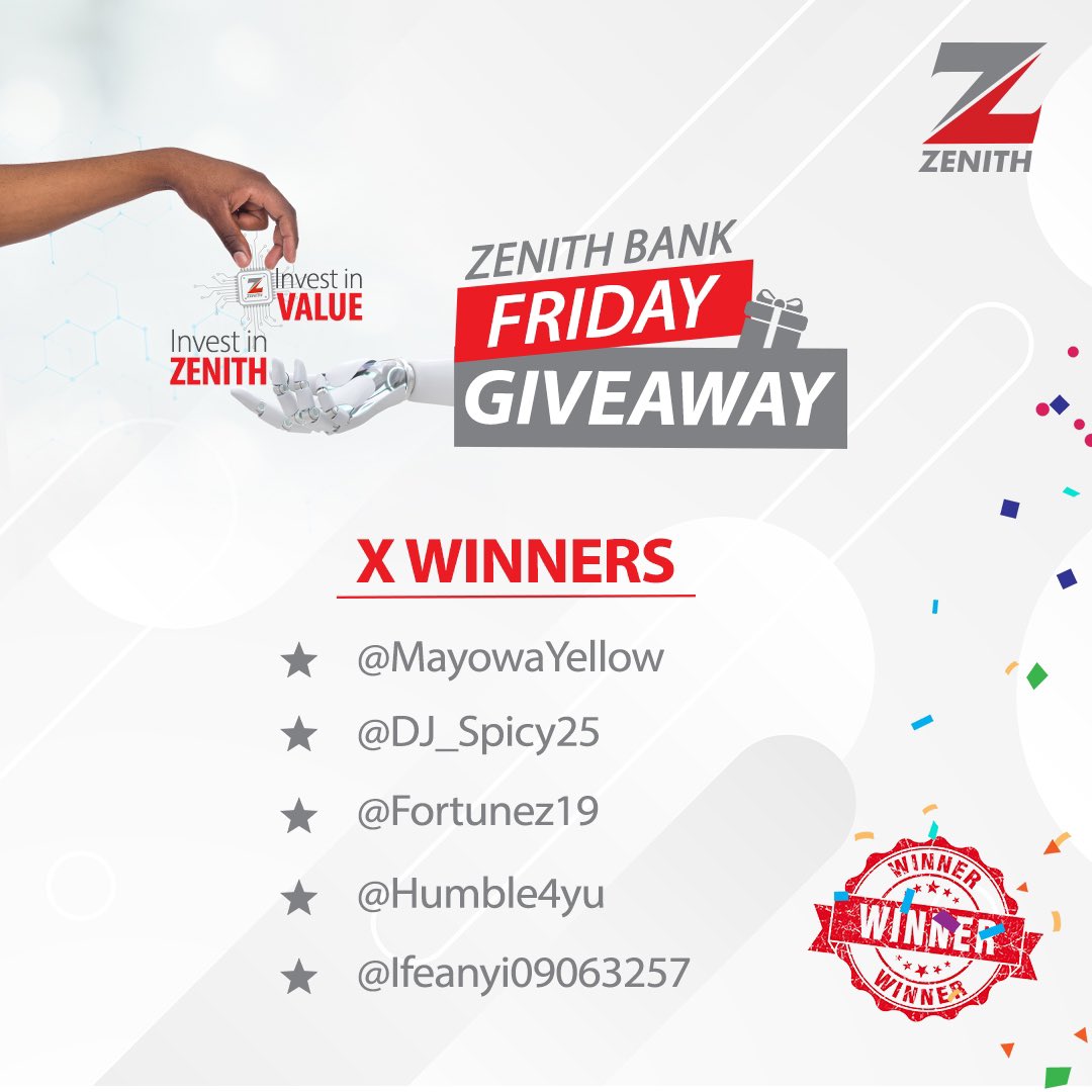 ZenithBank's tweet photo. Congratulations to the winners of the Zenith Bank Friday Giveaway!
Kindly send us a DM to redeem your prizes.
Thank you for participating and for banking with us.
#ZenithBank #ZBFridayGiveaway #InvestInValueInvestInZenith #ZenithBankPublicOffer2024 https://t.co/unhzSqRT5s