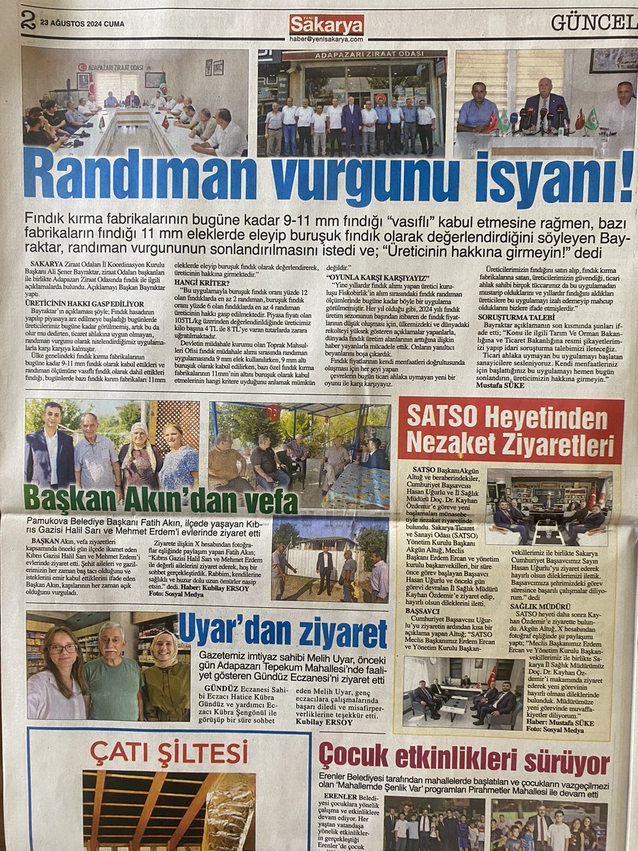 Sakarya Ziraat Odaları İl Koordinasyon Kurulu olarak “Fındık kırma fabrikalarının randıman oyunu” ile ilgili yaptığımız basın açıklaması yazılı ve görsel basında geniş yer aldı.
Adapazarı Ziraat Odası Başkanlığı