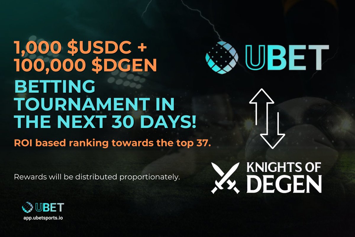 UBET Sports 🎲⚖️🏦 - A Decentralized Sportsbook (@ubet__sports) on Twitter photo 🚨Remember when we announced our partnership with the <a href="/knightsofdegen/">Knights of Degen</a>?
⏰Well, the time has come! In this betting tournament, starting today and running for the next 30 days, we will give away $1,000 worth of $USDC. In addition, we are also offering 100,000 $DGEN tokens in the 🚨Remember when we announced our partnership with the <a href="/knightsofdegen/">Knights of Degen</a>?
⏰Well, the time has come! In this betting tournament, starting today and running for the next 30 days, we will give away $1,000 worth of $USDC. In addition, we are also offering 100,000 $DGEN tokens in the