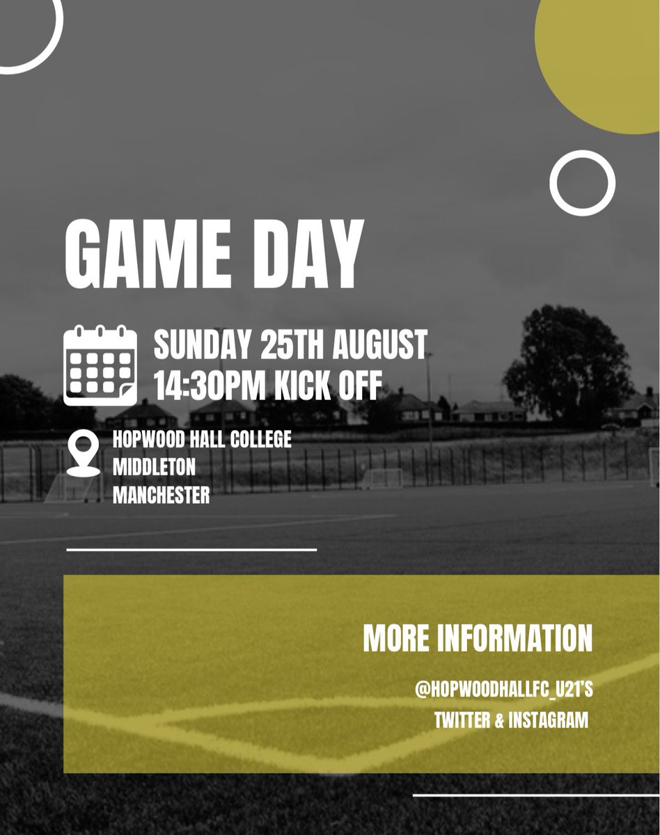 Hopwood Hall F.C. U21s 

🆚  Atherton LR Youth 
🏆  Northwest U21’s 
🏟️  Hopwood Hall, Middleton 
 📆 Sunday 25th August 
🕣  14:30Pm

<a href="/AthertonLRFC/">Atherton Laburnum Rovers FC</a> 

#UpTheTrees🌳
