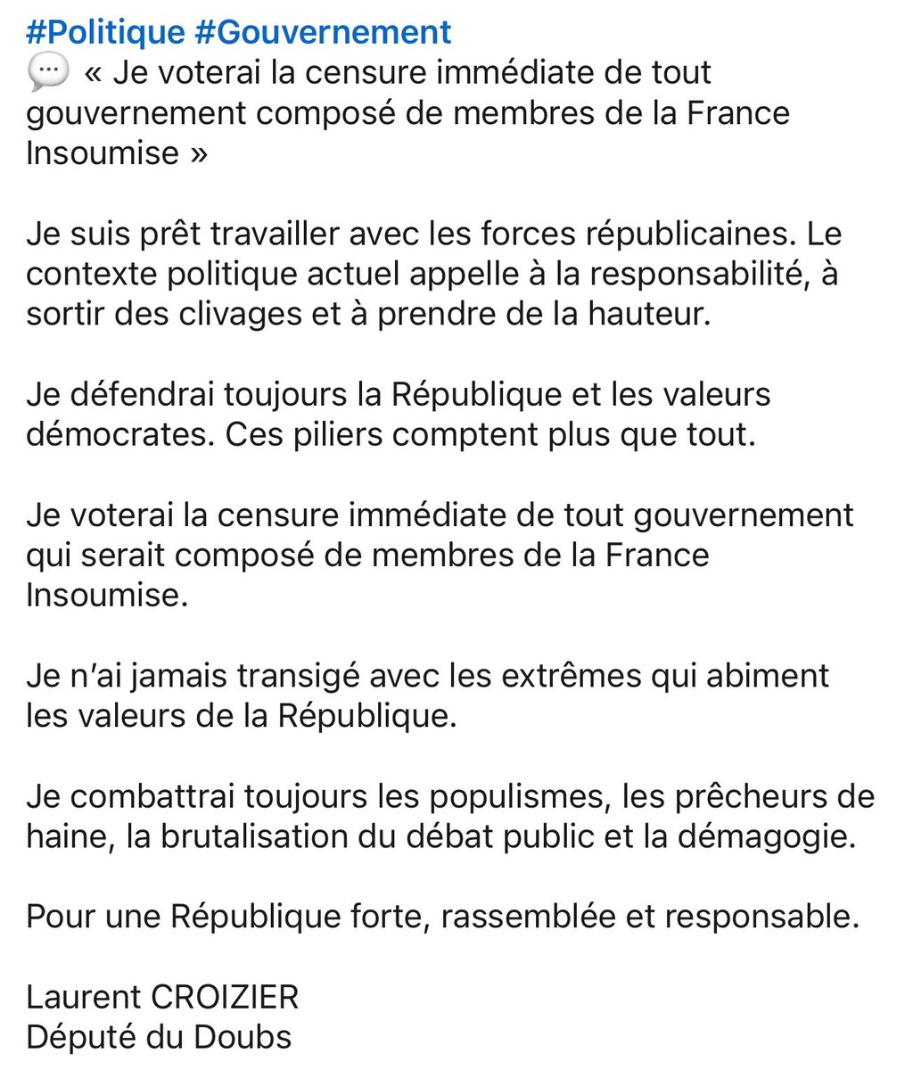 CroizierLaurent's tweet photo. #Politique #Gouvernement
💬 « Je voterai la censure immédiate de tout gouvernement composé de membres de la France Insoumise » https://t.co/4HNRP20CTX
