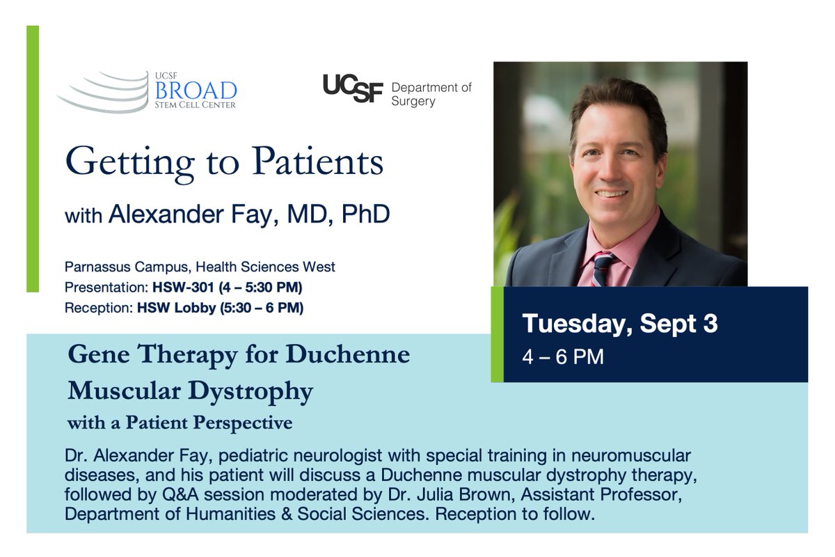 UCSF Broad Stem Cell (@ucsfstemcell) on Twitter photo Join us for Getting To Patients, Tues, 9/3! Dr. Alexander Fay shares “Gene Therapy for Duchenne Muscular Dystrophy” with patient perspective, and discussion <a href="/juliaehbrown/">Julia Brown, PhD</a> tiny.ucsf.edu/Fay Join us for Getting To Patients, Tues, 9/3! Dr. Alexander Fay shares “Gene Therapy for Duchenne Muscular Dystrophy” with patient perspective, and discussion <a href="/juliaehbrown/">Julia Brown, PhD</a> tiny.ucsf.edu/Fay
