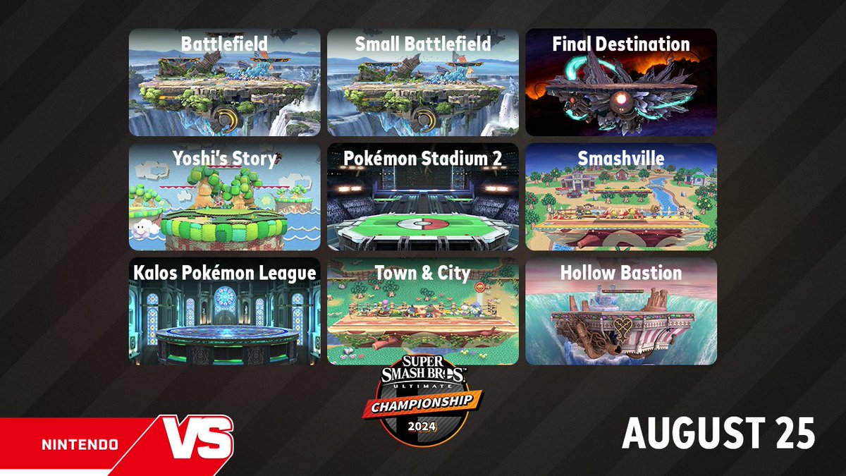 NintendoVS's tweet photo. Challengers approach! The Super #SmashBrosUltimate Championship 2024 tournament is this Sunday, August 25th!

See the stages where the showdowns will take place! Which ones are your favorites? https://t.co/str325SBc7